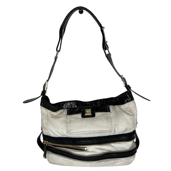 L.A.M.B Reversible White Nylon & Stripes Fabric Patent Leather Strap Hobo Bag - Picture 10 of 16